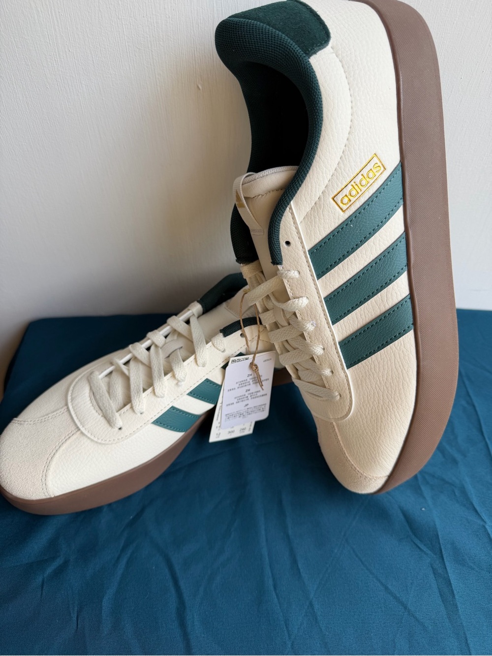 adidas Cream Sneakers with Dark Green Stripes and Brown Sole